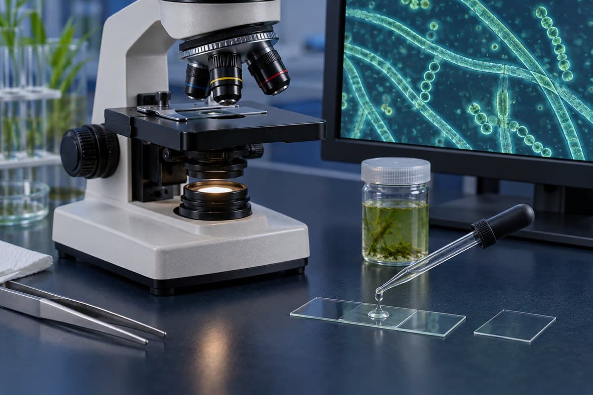Pond-water wet mount beside a microscope displaying blue-green cyanobacteria filaments