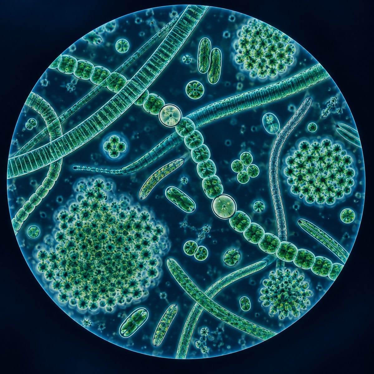 Blue-green cyanobacteria filaments, bead-like chains and colonies in a microscope field