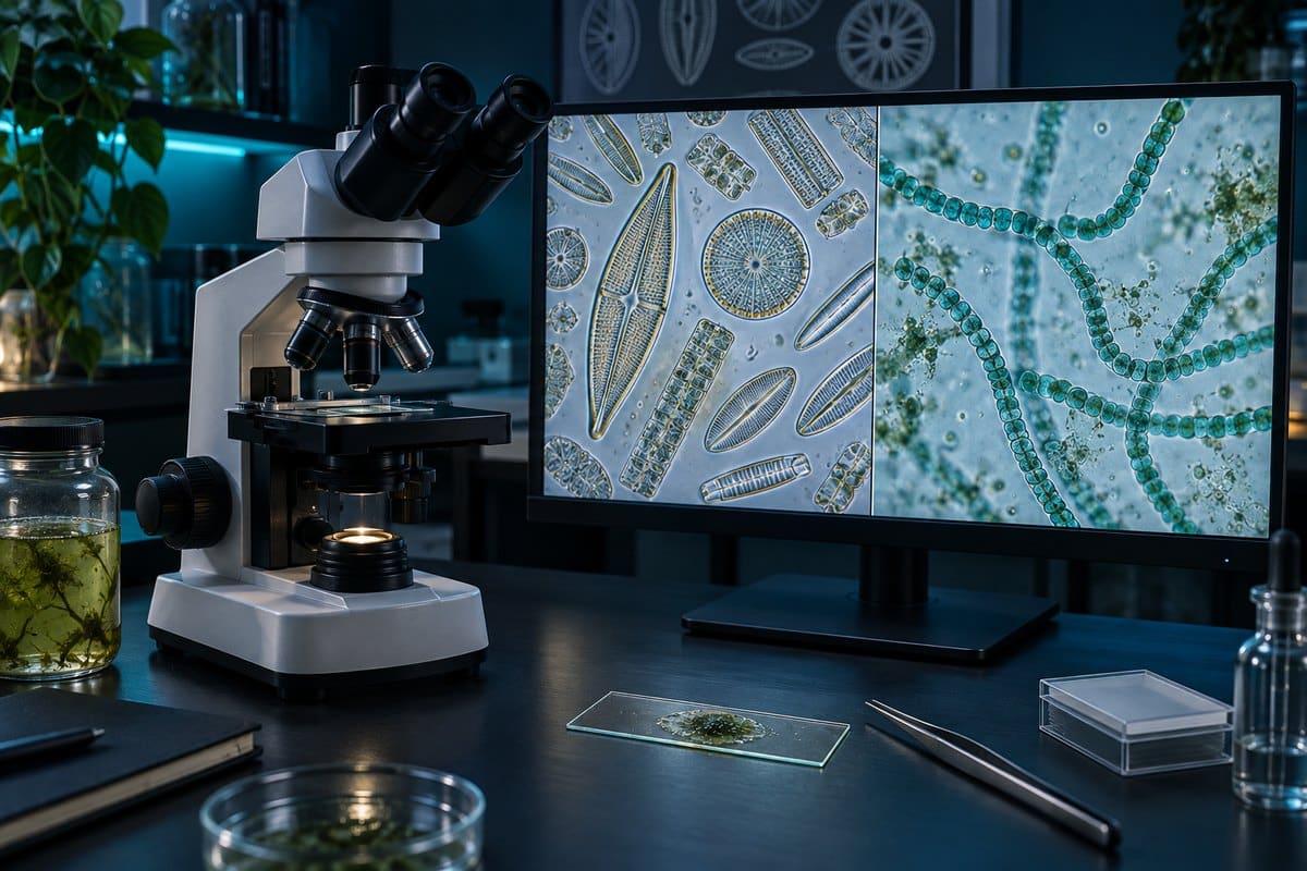 Pond-water microscope view comparing patterned diatoms with cyanobacterial filaments