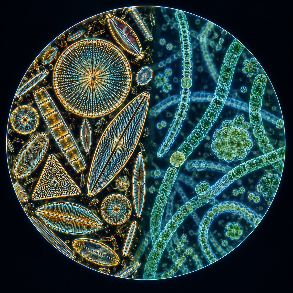 Silica-shelled diatoms beside blue-green cyanobacterial filaments in a microscope field