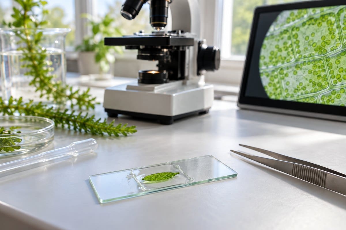 Green Elodea leaf wet mount prepared beside a compound microscope for viewing chloroplasts
