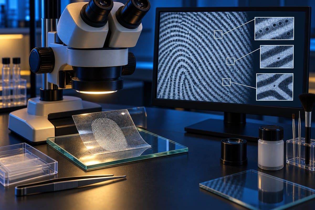 Lifted fingerprint under a stereo microscope with magnified ridge details on a monitor