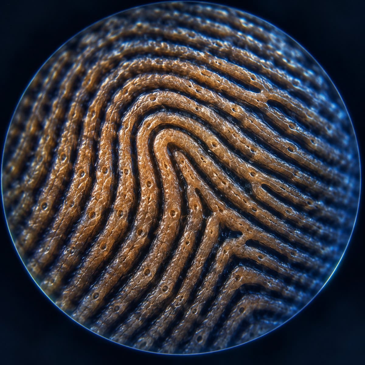 Magnified fingerprint friction ridges showing sweat pores, ridge endings and bifurcations