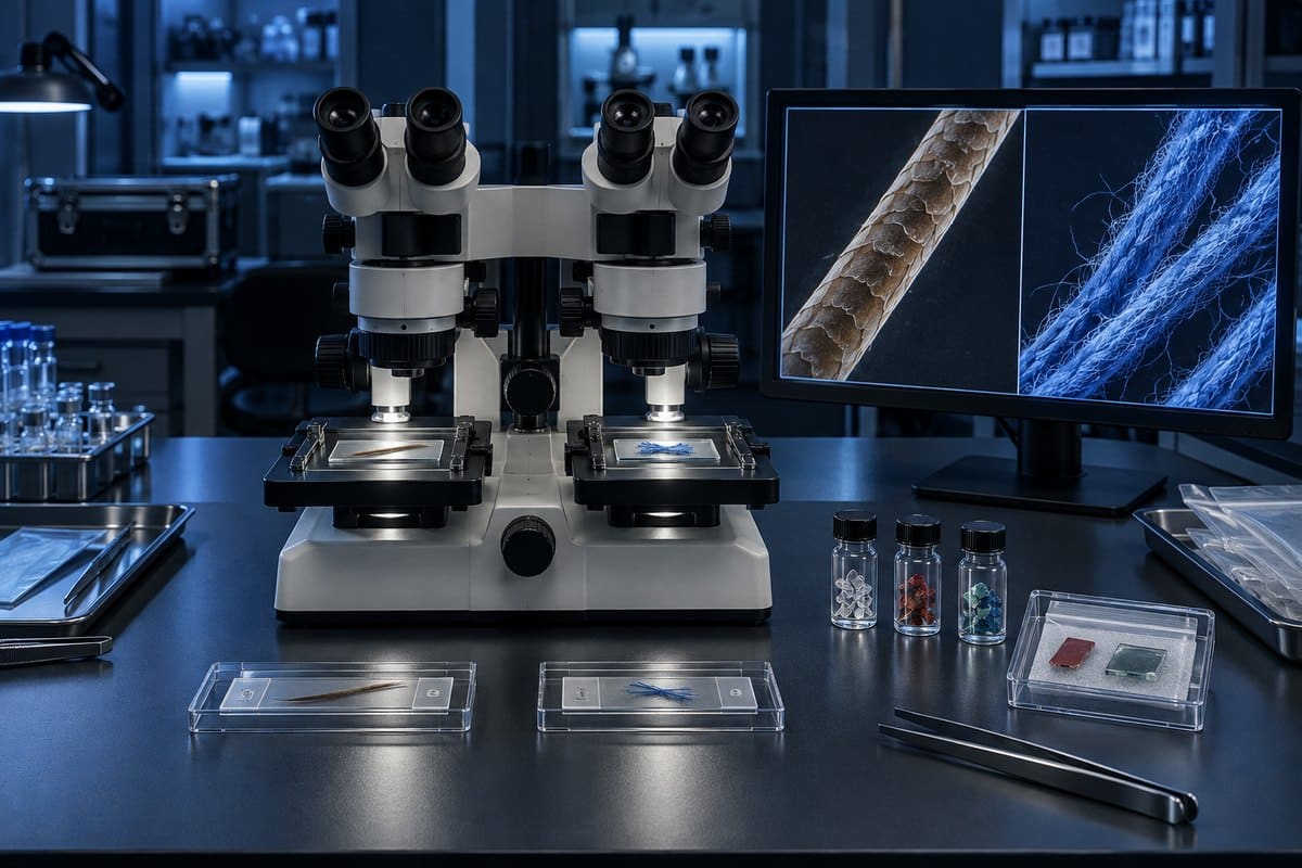 Forensic comparison microscope examining hair and textile fiber samples side by side