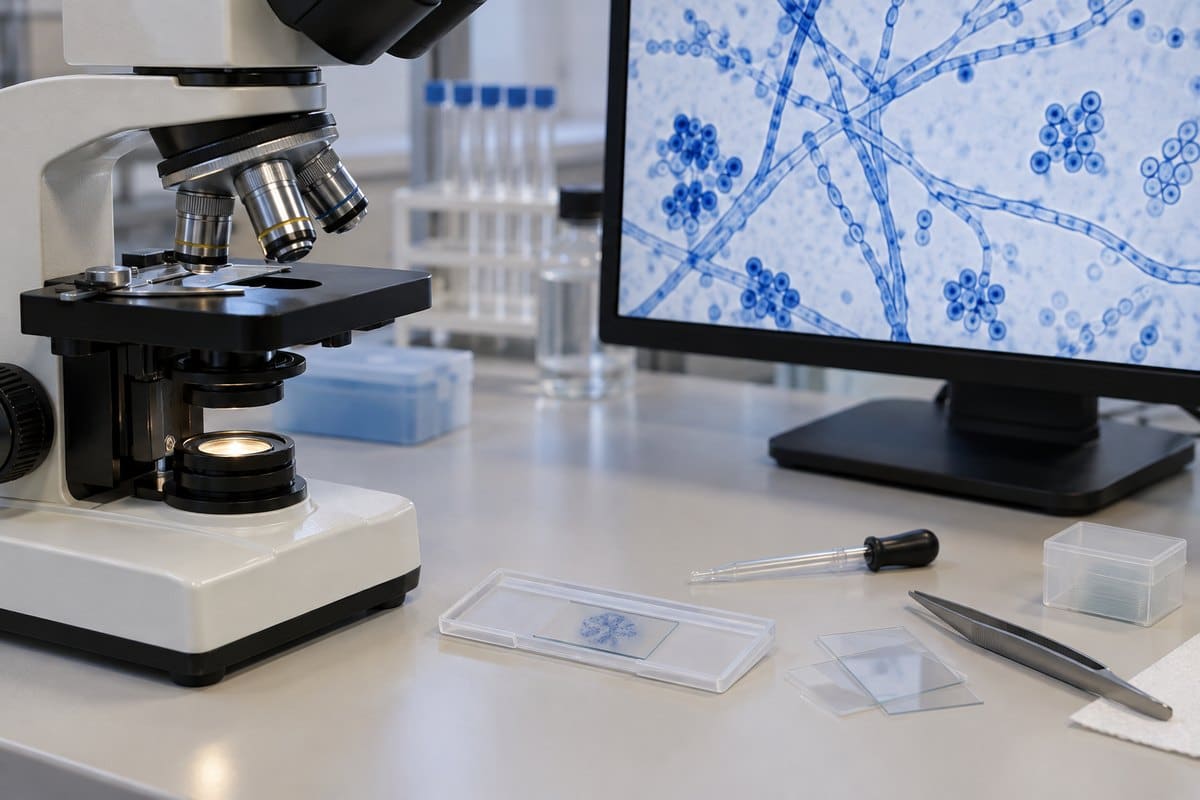 Prepared fungal microscope slide displaying blue-stained hyphae, yeast cells and spores