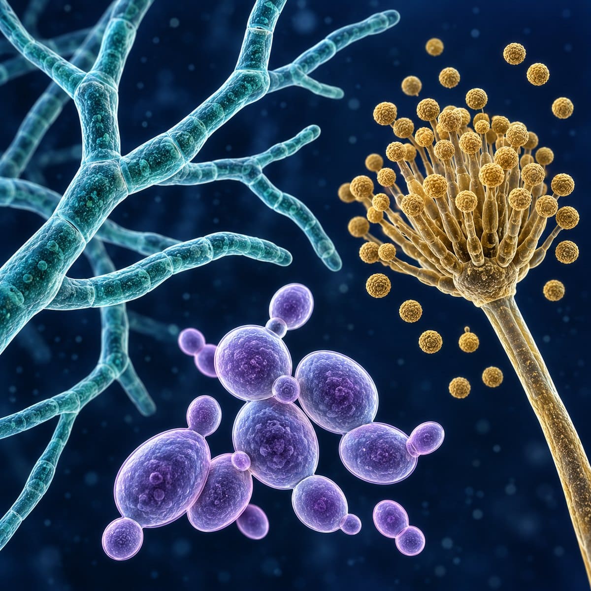 Scientific illustration of branching fungal hyphae, budding yeast cells and a spore-bearing structure