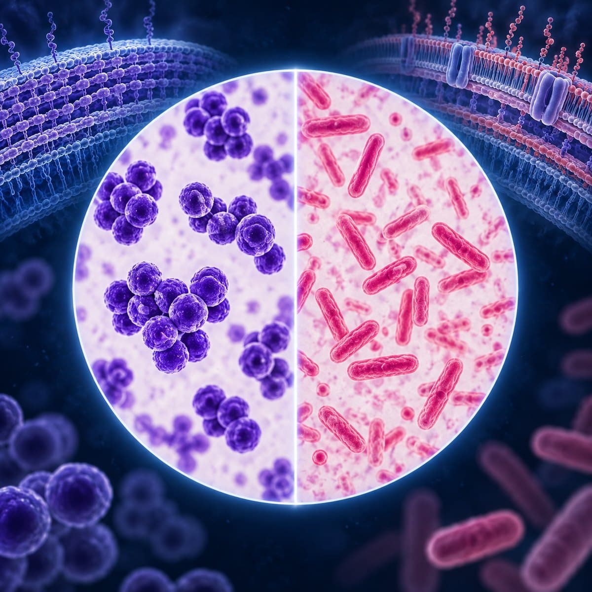 Purple Gram-positive cocci and pink Gram-negative rods in a split microscope field