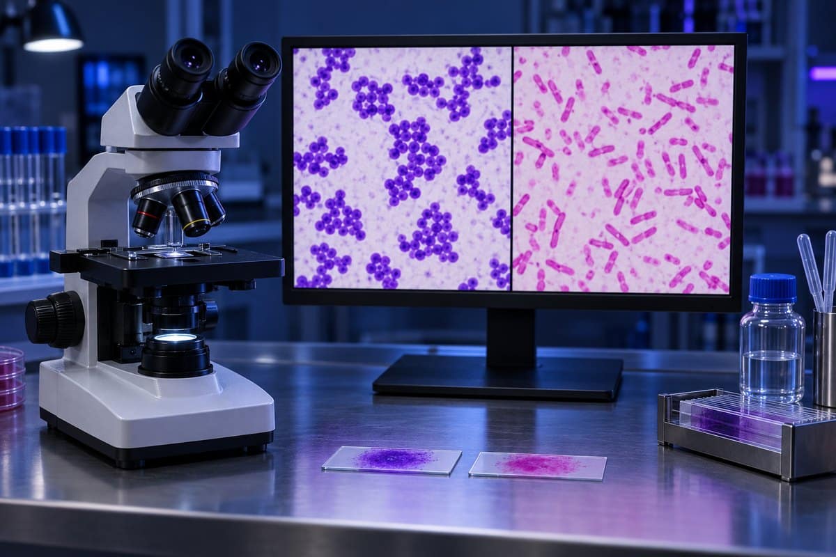 Compound microscope and Gram-stained slides beside purple cocci and pink rods on a monitor
