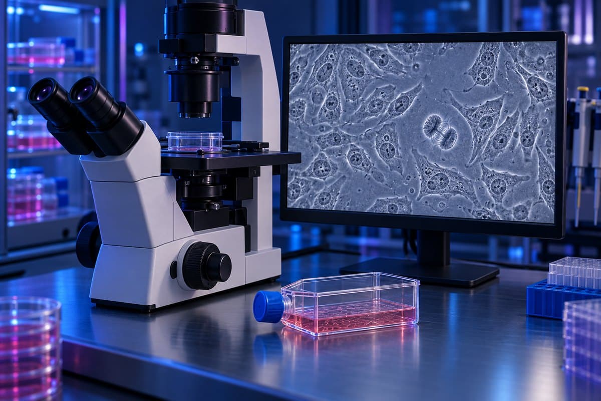 HeLa cell culture flask beside an inverted microscope and phase-contrast monitor image