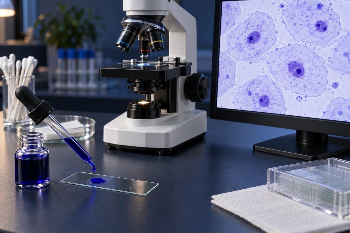 Methylene-blue dropper and cheek-cell slide beside a microscope displaying stained nuclei