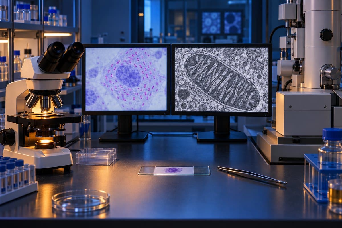 Light and electron microscope workstations comparing stained mitochondria with detailed cristae