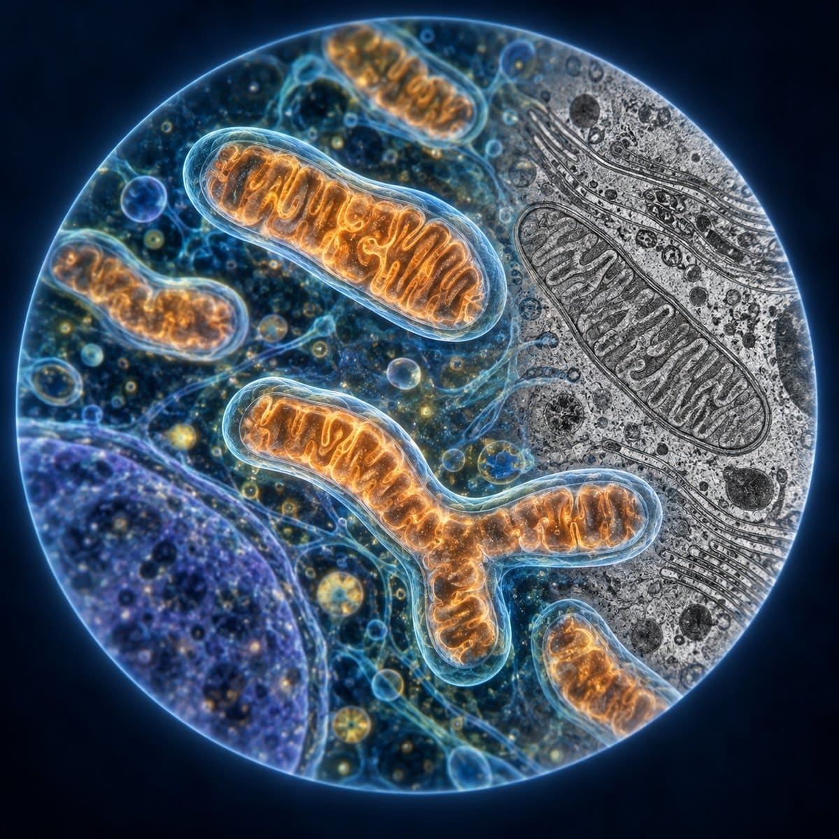 Mitochondria with folded cristae in illustrated and electron-microscope views