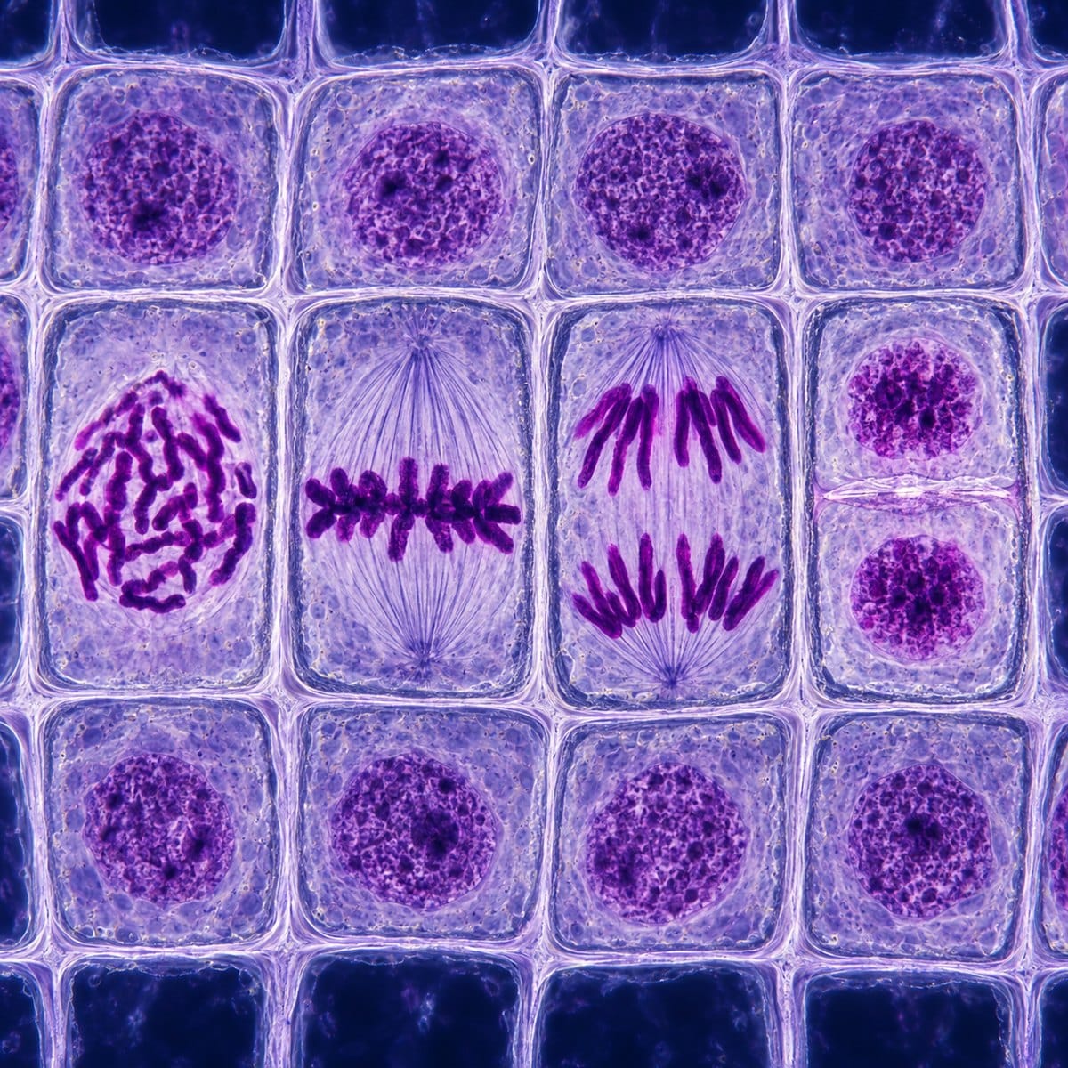 Purple-stained onion root tip cells showing chromosomes in several stages of mitosis