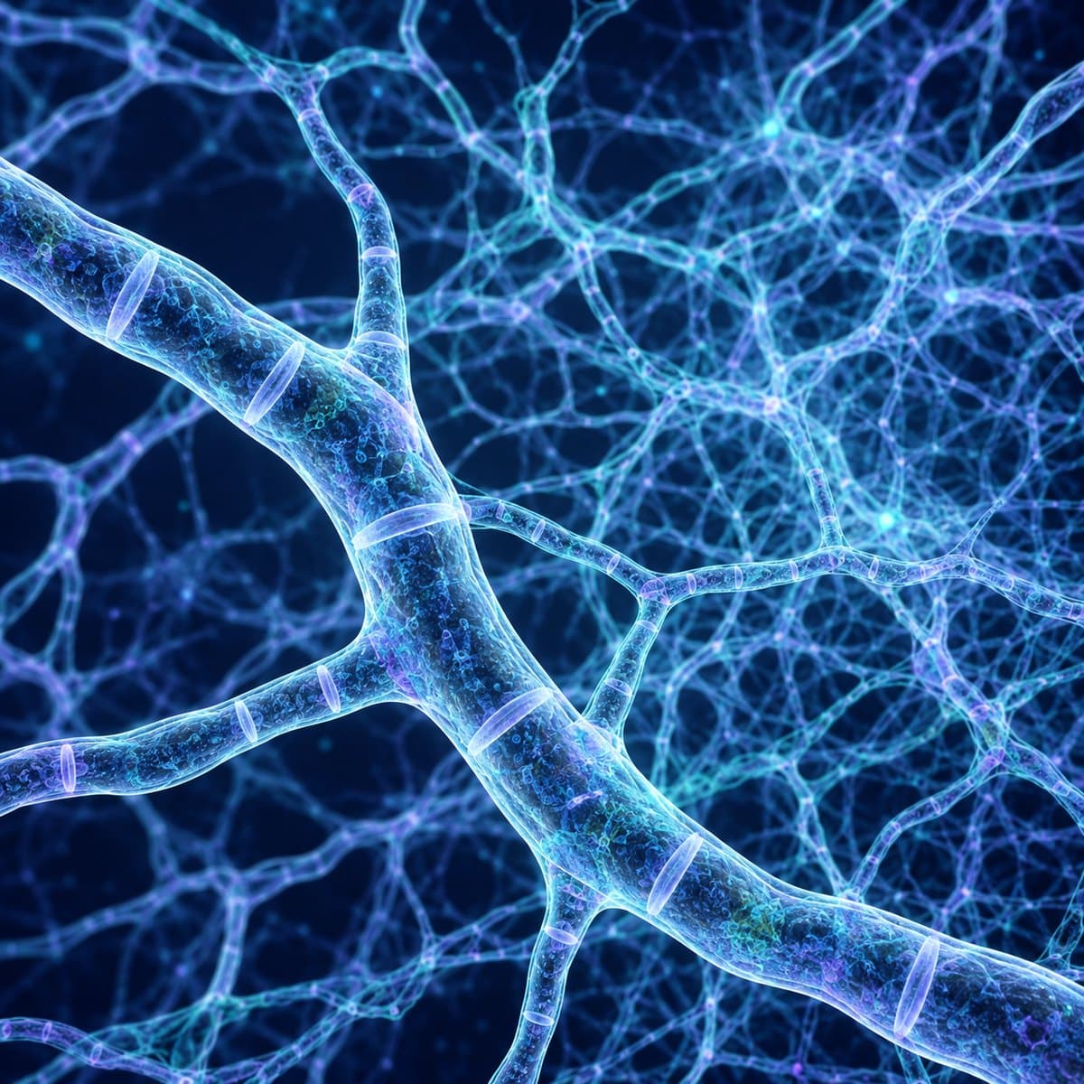 Branching translucent fungal hyphae expanding into an interconnected mycelium network
