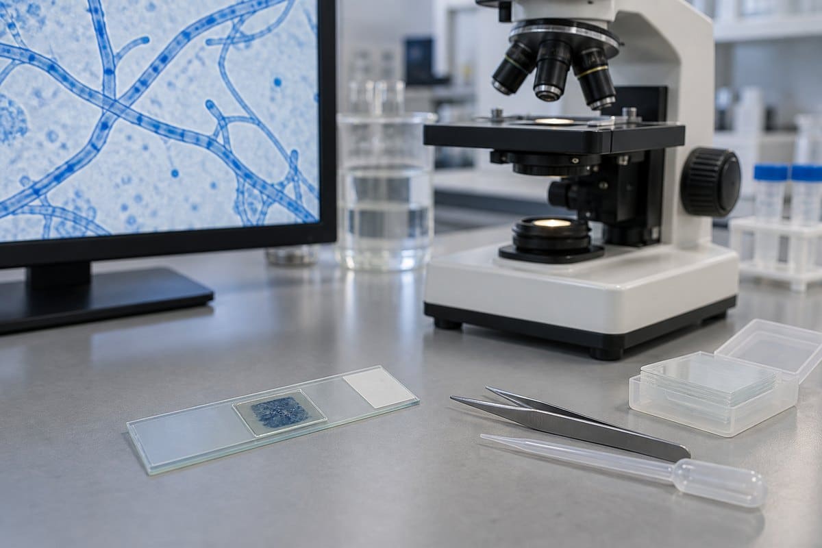 Prepared fungal slide beside a compound microscope displaying blue-stained septate hyphae
