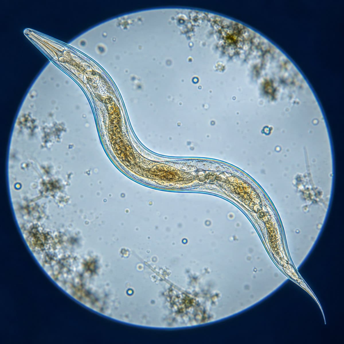 Translucent unsegmented nematode with tapered ends in a circular bright-field microscope view