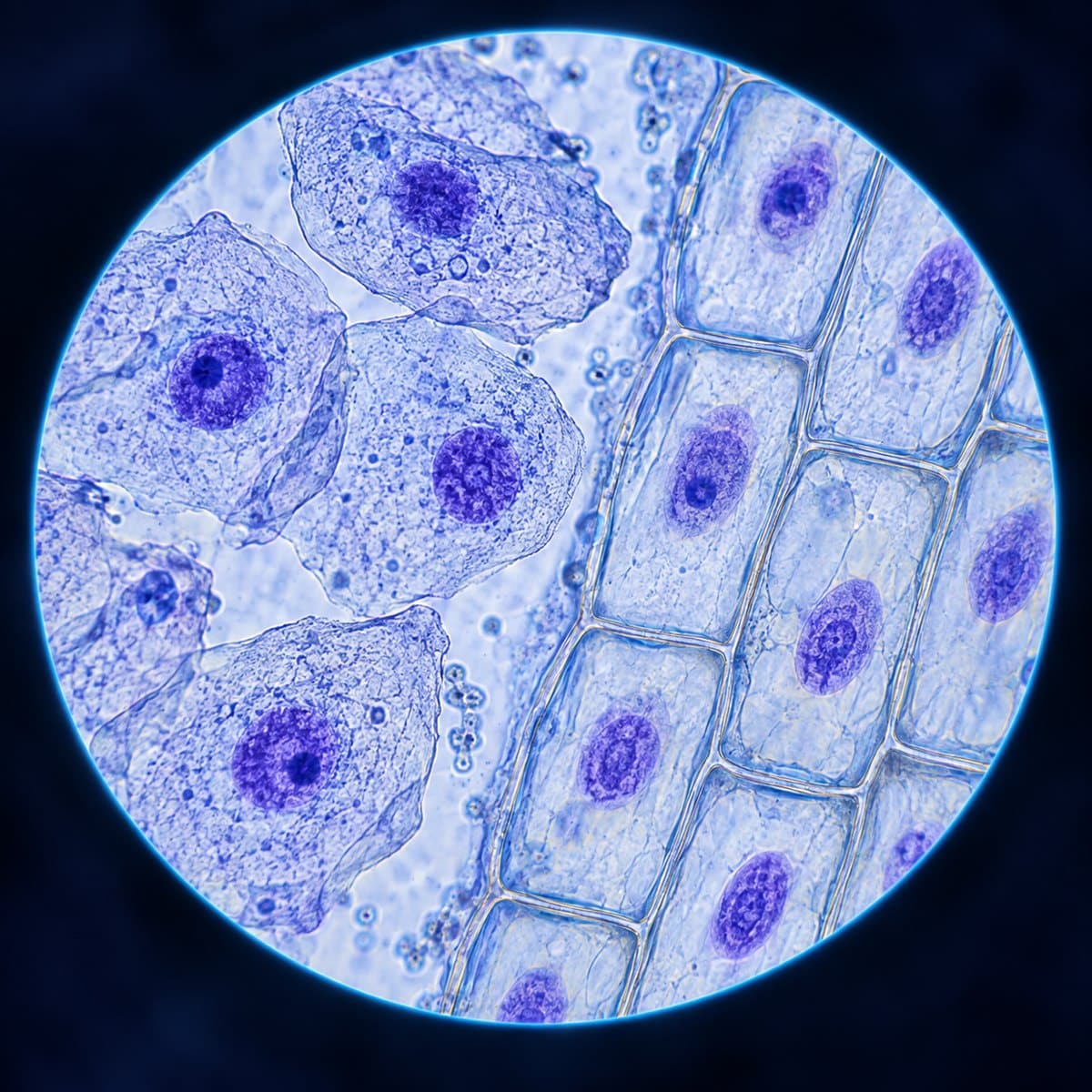 Blue-stained cheek and onion cells with dark nuclei and visible nucleoli under a microscope