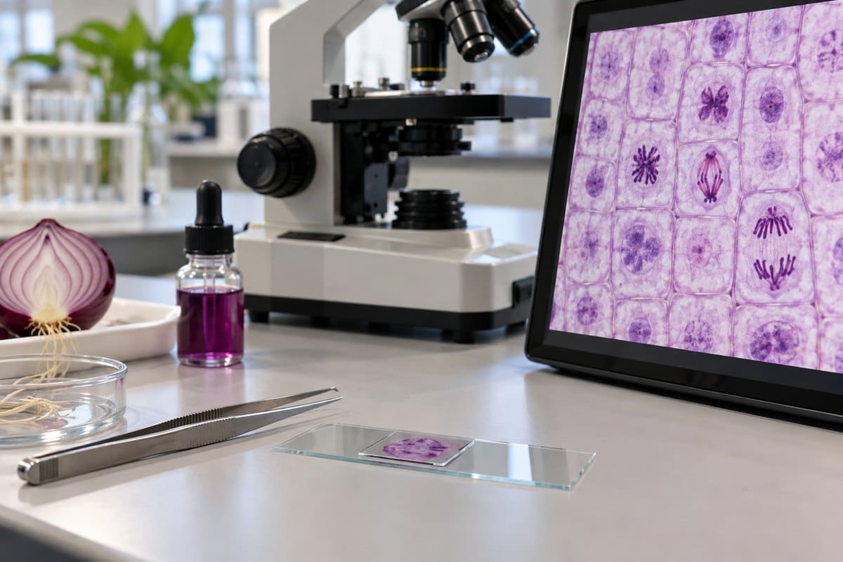 Stained onion root tip squash slide beside a microscope displaying mitotic cells