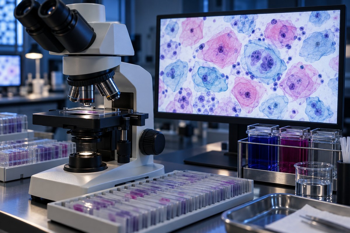 Cytology laboratory microscope displaying pink and blue cervical cells from a Pap smear