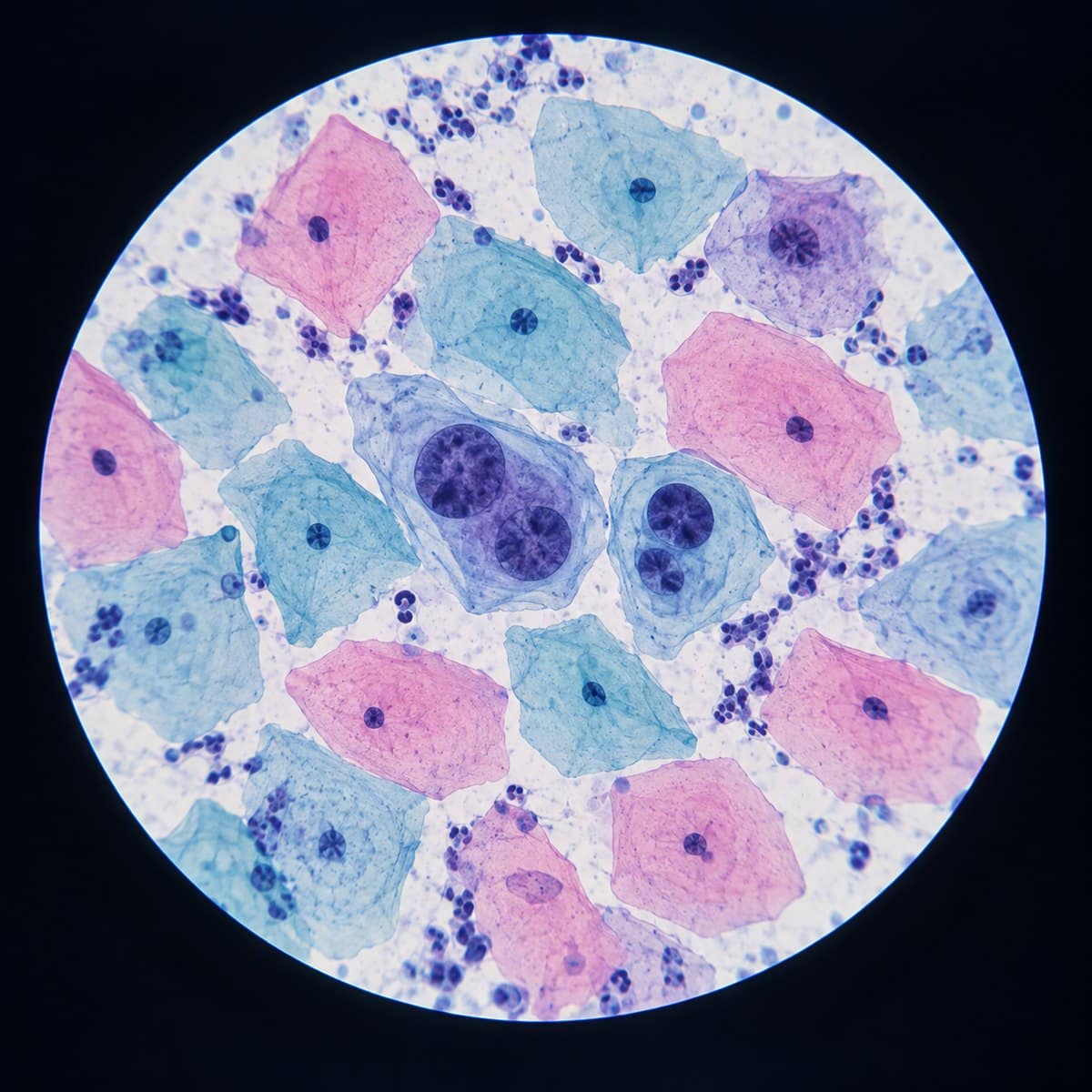 Pap-stained cervical squamous cells with normal and enlarged dark nuclei