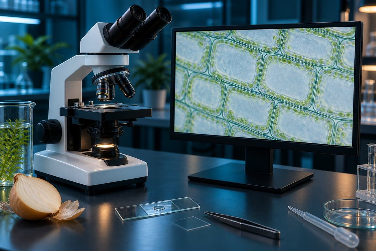 Microscope displaying plant cells with large clear central vacuoles in a wet mount