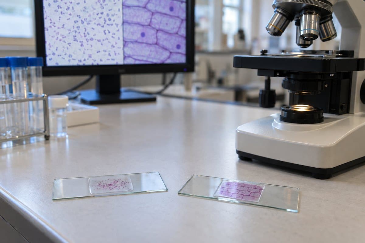 Prepared bacterial smear and onion epidermis slides beside a compound microscope