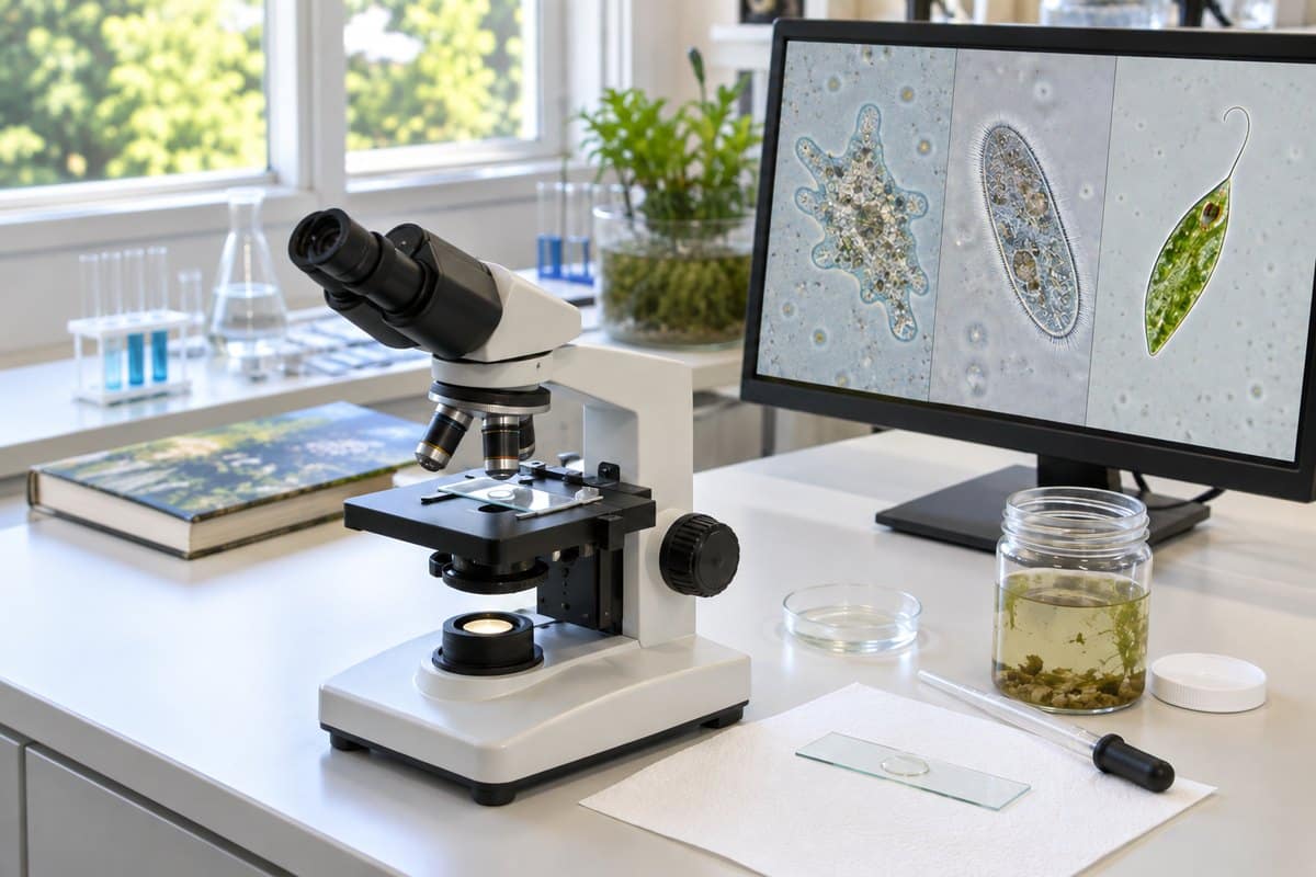Pond-water wet mount beside a microscope displaying Amoeba, Paramecium and Euglena