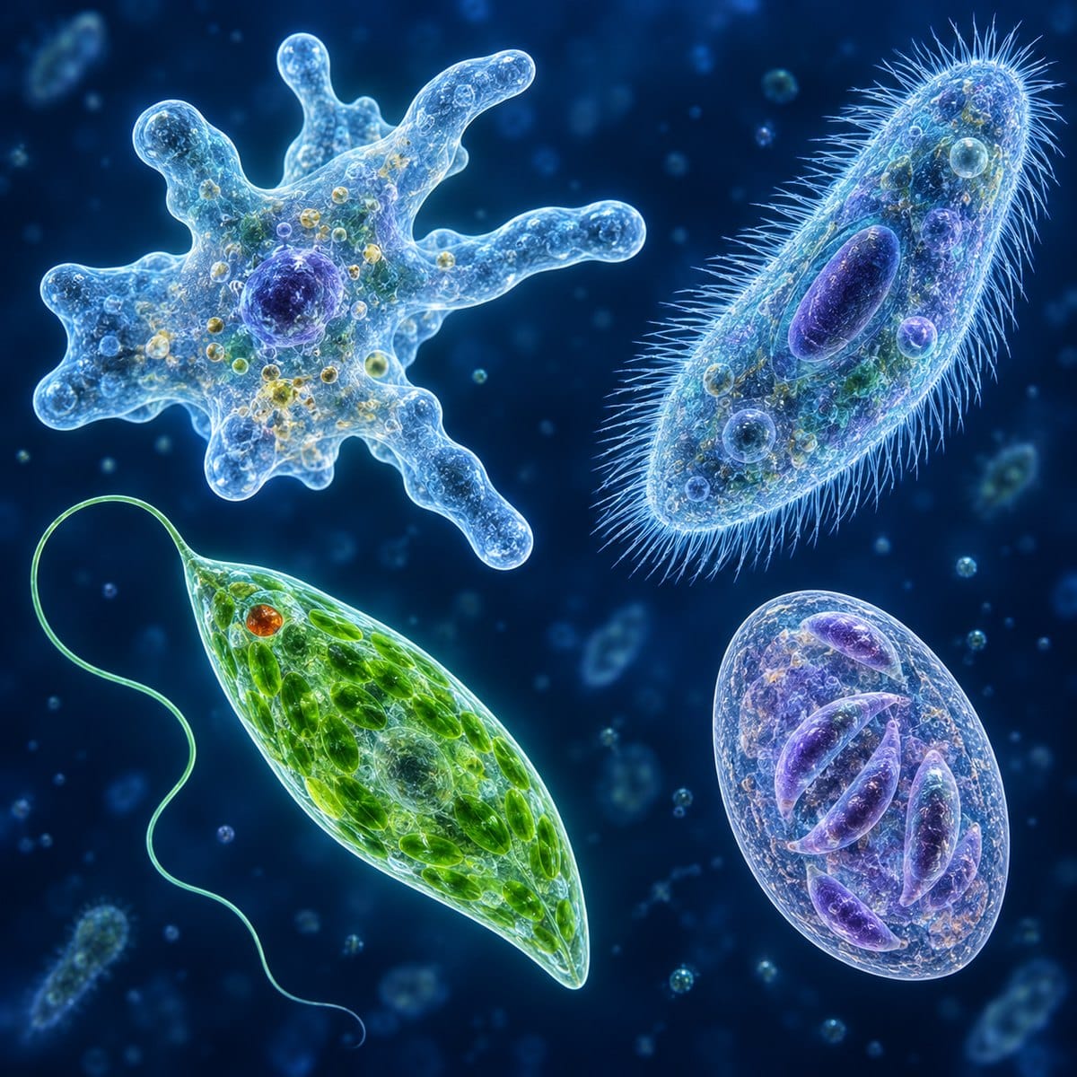 Scientific illustration of an amoeba, ciliated Paramecium, flagellated Euglena and sporozoan form