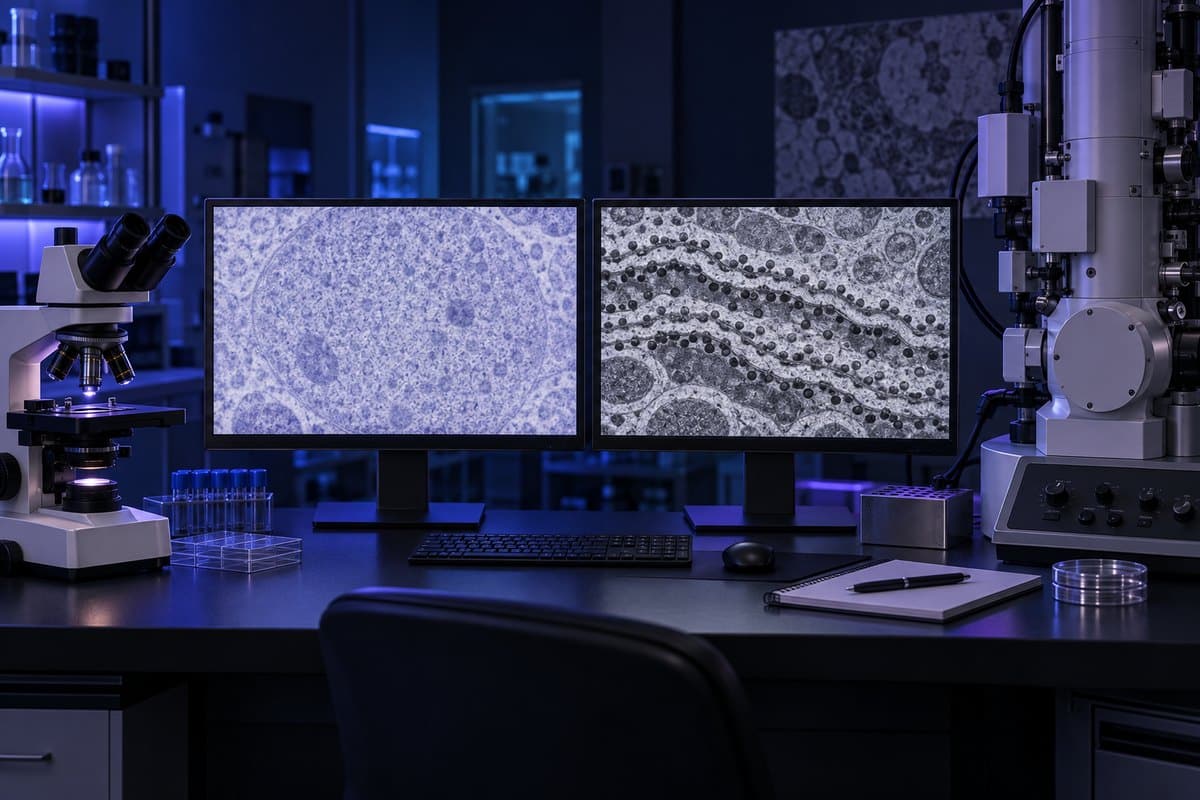 Light and electron microscope workstations comparing grainy cytoplasm with resolved ribosome particles