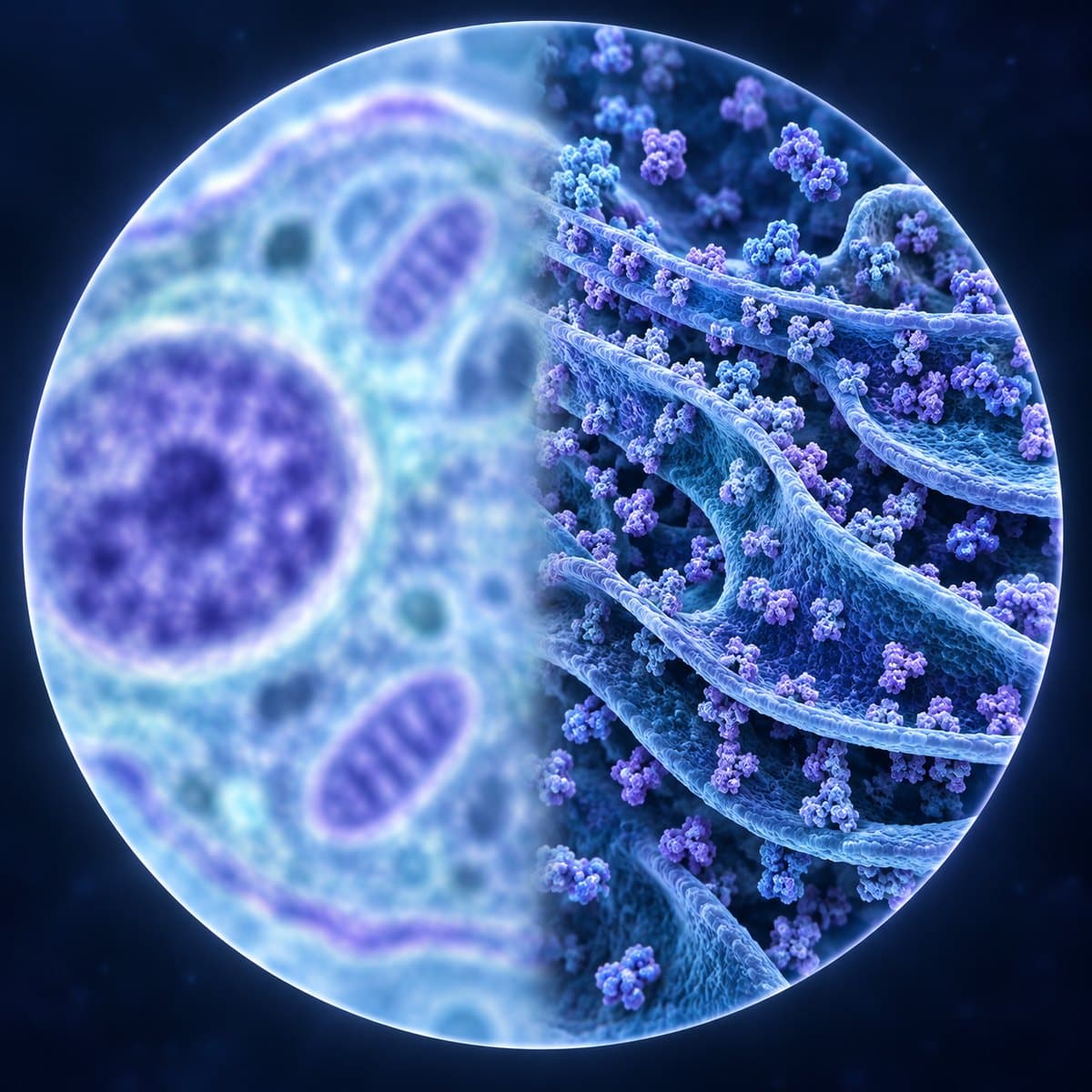 Blurred light-microscope cell view transitioning to resolved ribosomes on rough endoplasmic reticulum