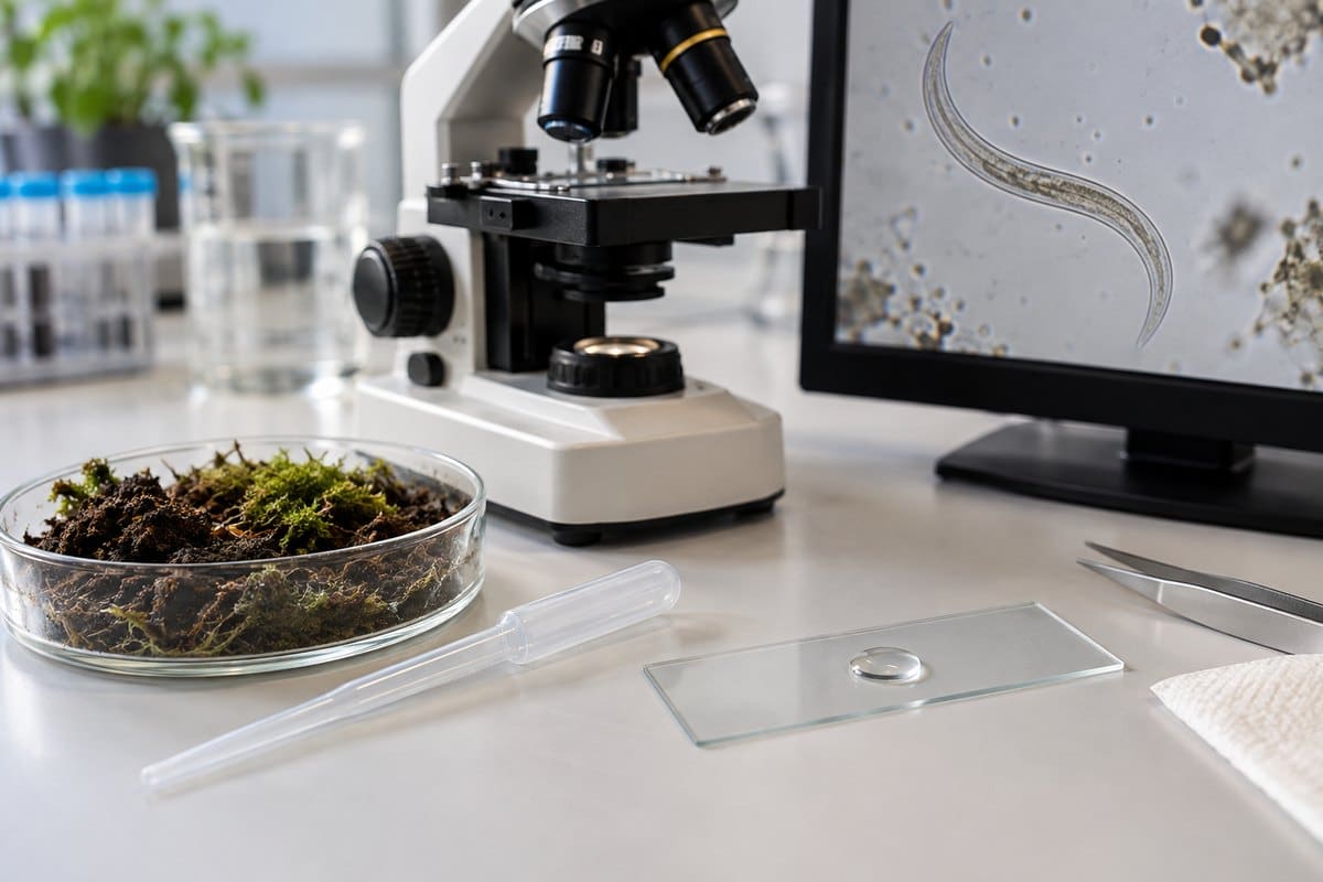 Soil and moss sample prepared as a wet mount beside a microscope displaying a nematode