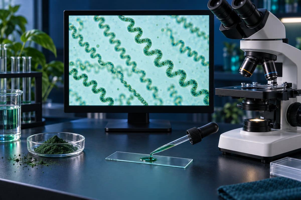 Spirulina powder wet mount beside a microscope displaying blue-green helical filaments