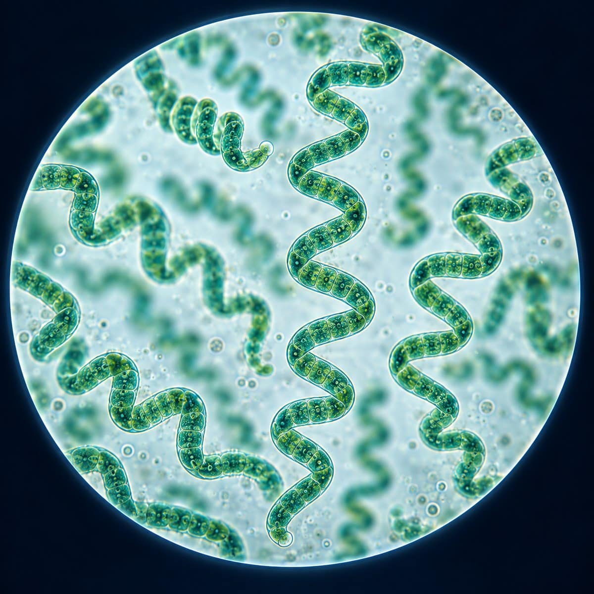 Blue-green helical Arthrospira filaments with visible cell segments under a microscope