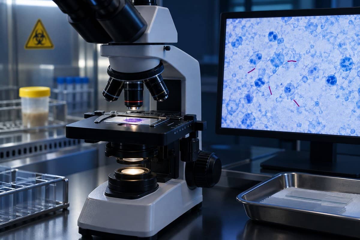 Clinical laboratory microscope displaying red acid-fast rods in a stained sputum smear
