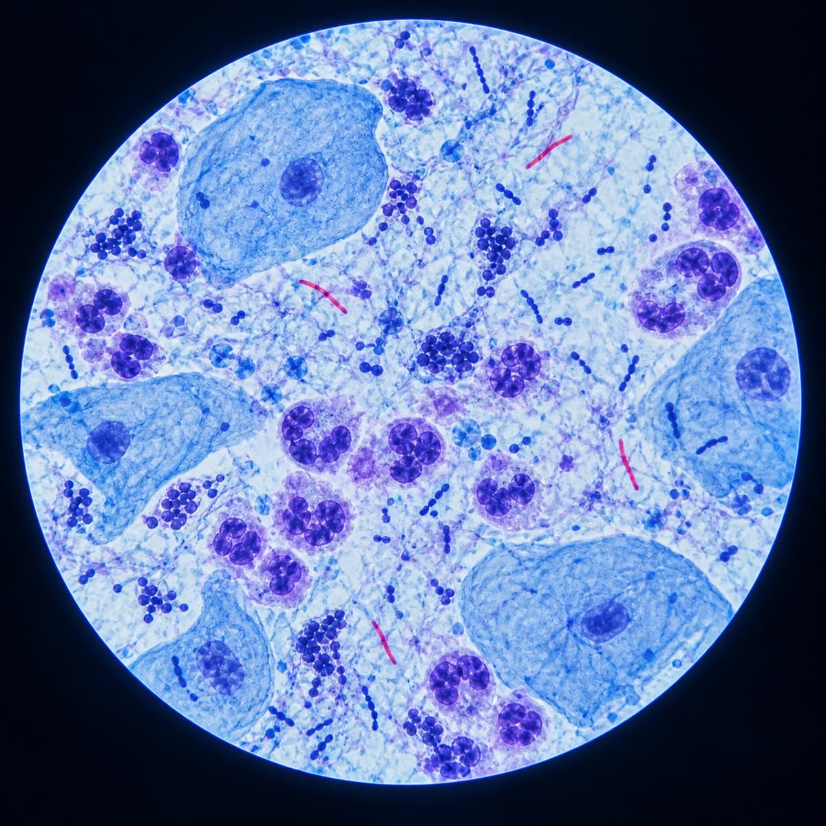 Stained sputum smear with epithelial cells inflammatory cells bacteria and acid-fast rods