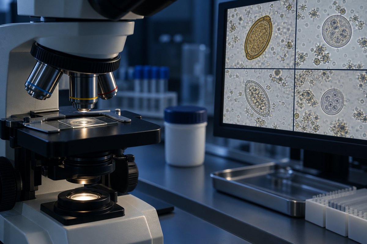 Clinical parasitology microscope displaying prepared stool wet mounts with parasite forms