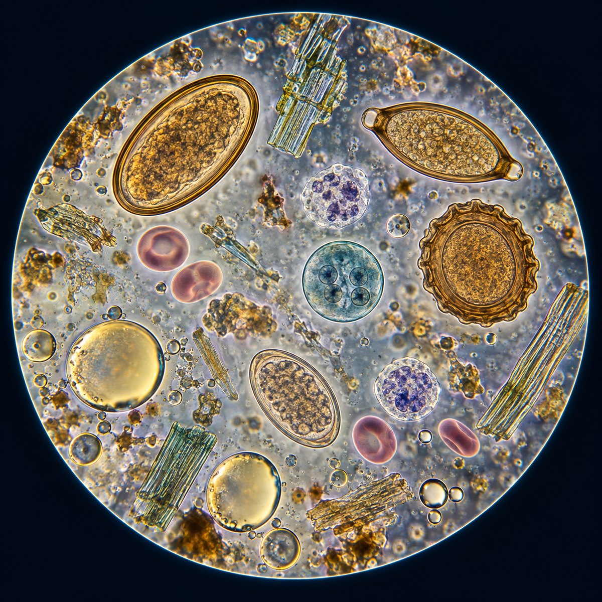 Microscope field with parasite eggs protozoan cyst blood cells fat droplets and plant fibers