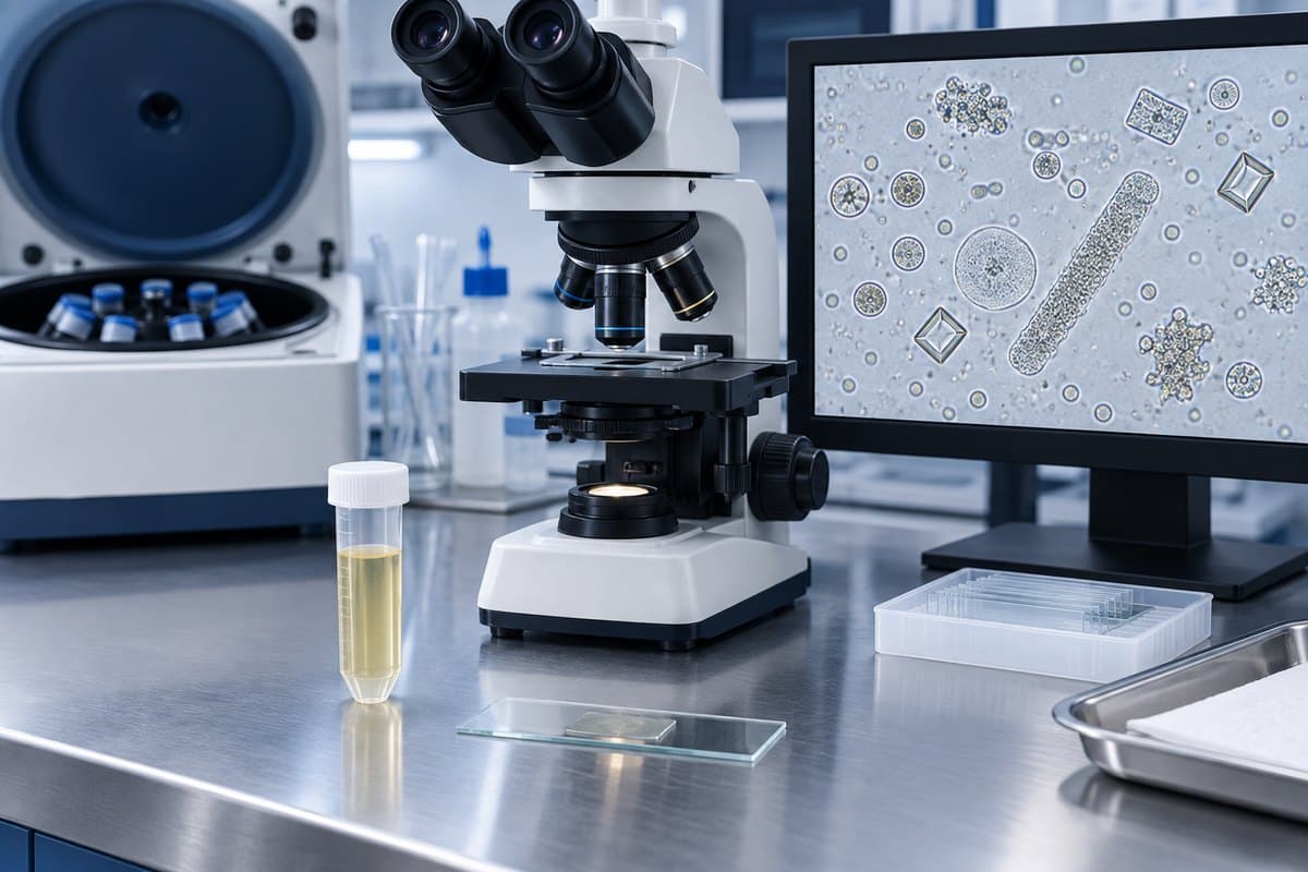 Urine sediment slide beside a compound microscope, centrifuge and microscopy monitor
