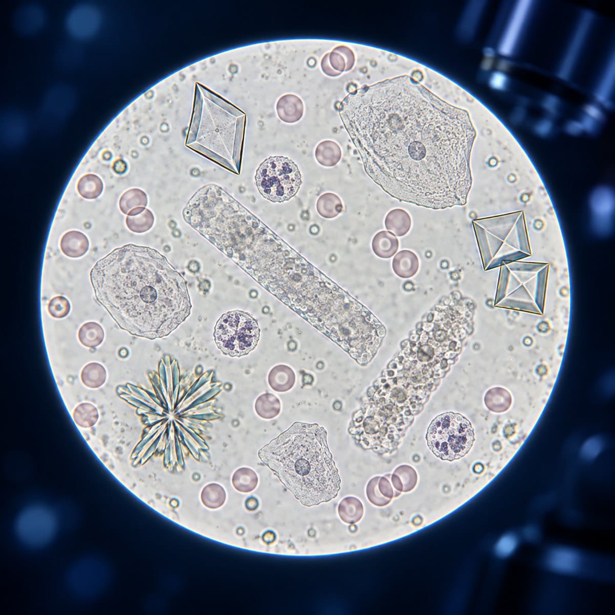 Urine sediment field with blood cells, epithelial cells, casts and crystals under a microscope