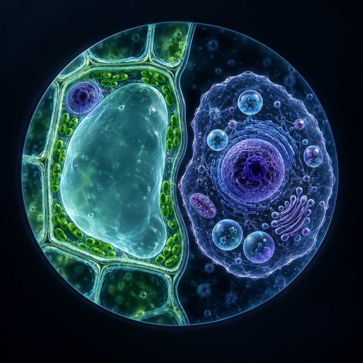 Plant cell with a large central vacuole beside an animal cell with small vesicles