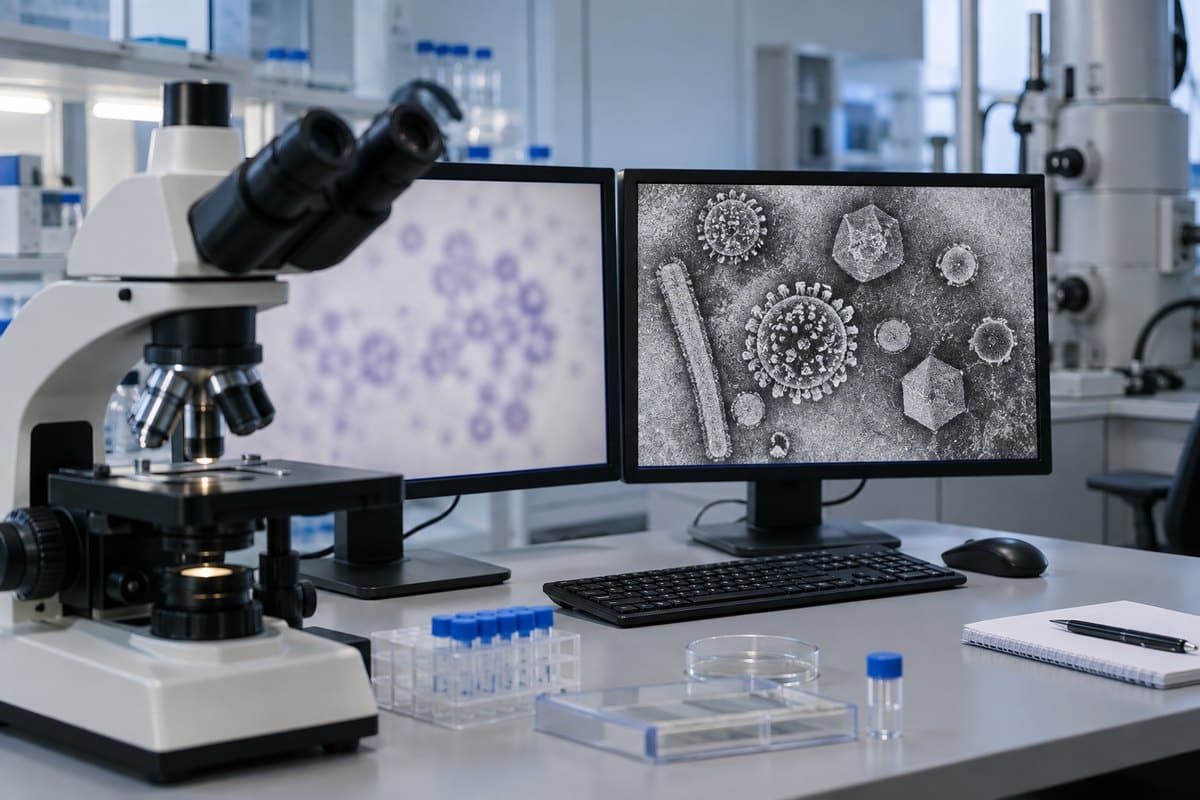 Laboratory comparison of an unresolved light-microscope image and a detailed virus electron micrograph