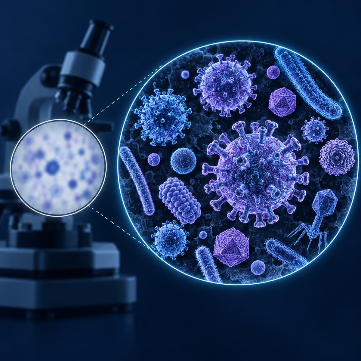 Virus particles visible in a detailed electron-microscope field beside a blurred light-microscope view